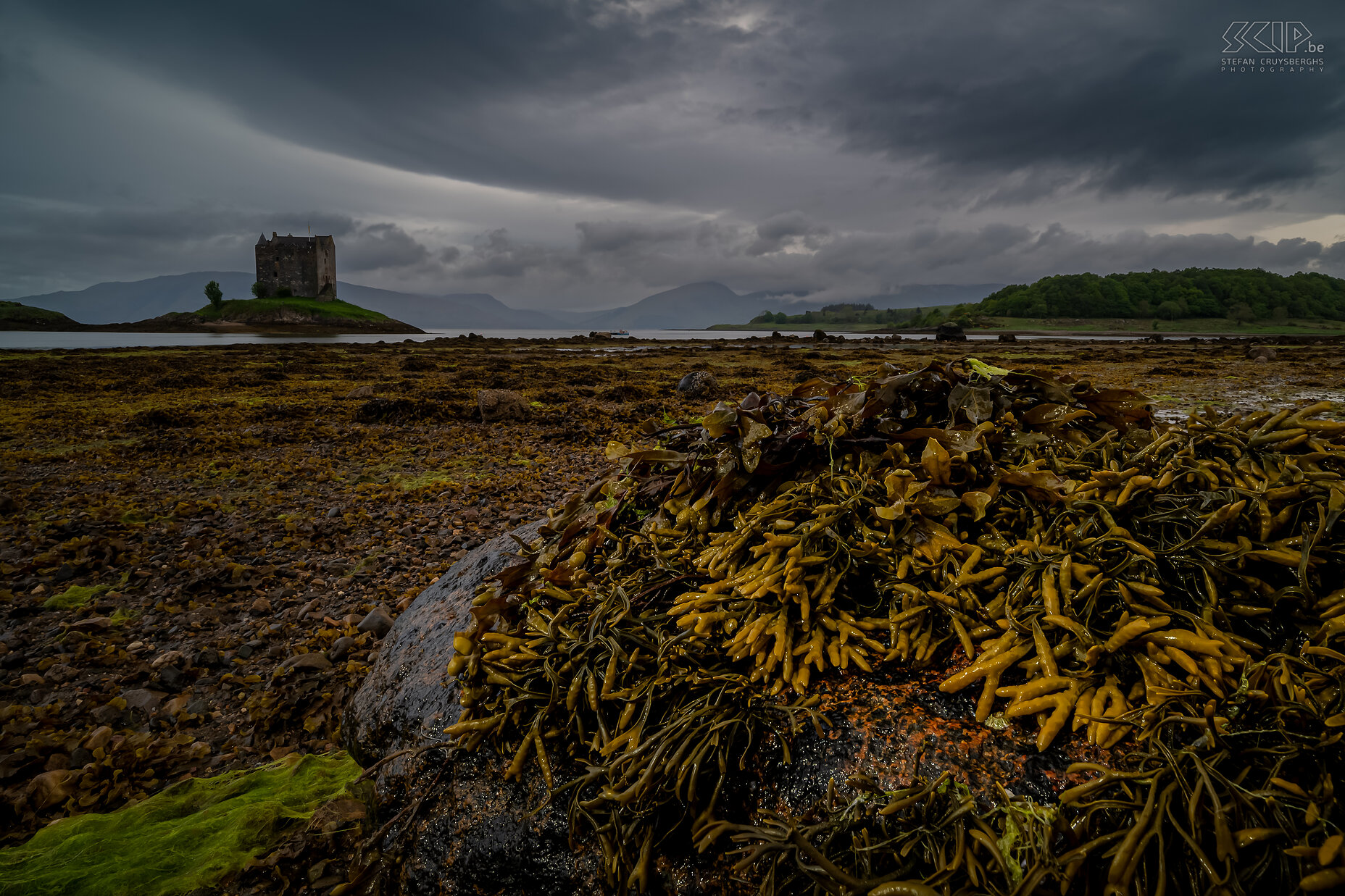 Castle Stalker Castle Stalker is een middeleeuwse donjon met vier verdiepingen aan de westkust van Schotland. De pittoreske vesting is geheel omsloten door het water van Loch Laich, een inham van Loch Linnhe. Omstreeks 1320 werd een eerste versterking op het eiland gebouwd en rond 1445 bouwde sir John Stewart Castle Stalker in de huidige vorm.  Stefan Cruysberghs